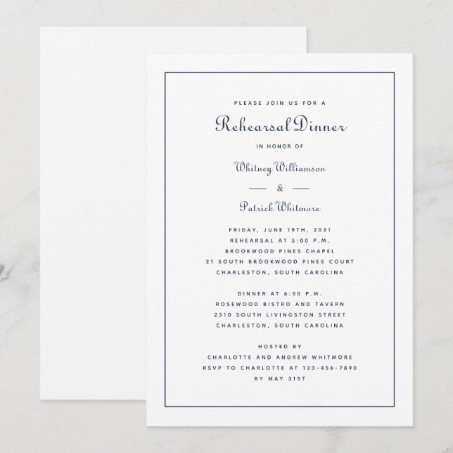 Probe Dinner Hochzeit Elegantes Script Navy Blue Einladung (Vorne/Hinten)