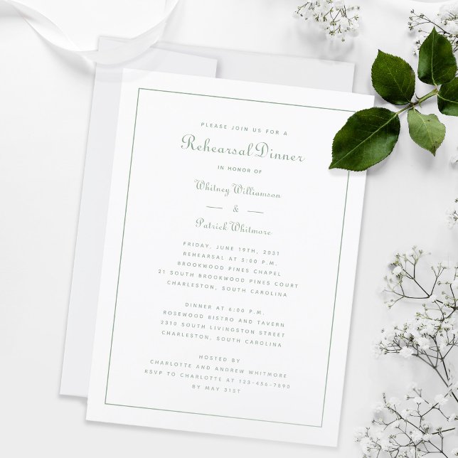 Probe Dinner Hochzeit Elegantes Script Sage White Einladung (Formal Rehearsal Dinner Wedding Elegant Script Sage White Invitation)