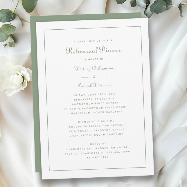 Probe Dinner Hochzeit Grün Elegantes Skript Einladung (Rehearsal Dinner Wedding Sage Green Elegant Script Invitation)