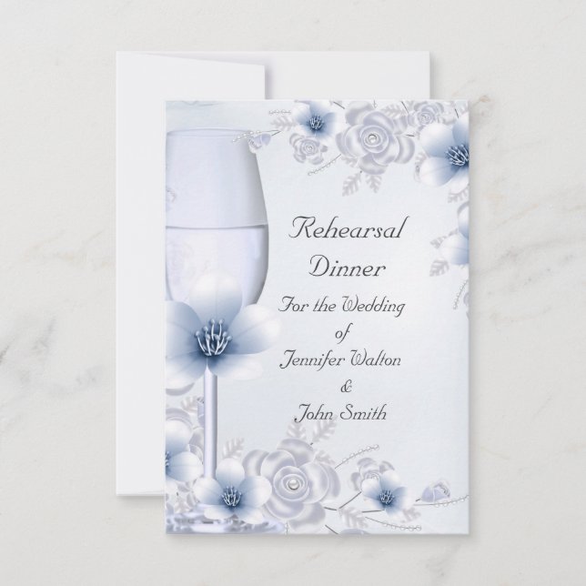 Probe Dinner Hochzeit Silver Blue Rose Blossom Einladung (Vorderseite)