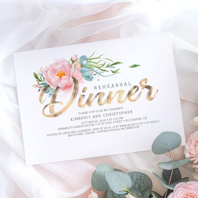 Probe Dinner in Rosa Einladung (Floral Gold Calligraphy Rehearsal Dinner Invitations)
