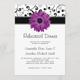 Probe Dinner Lila Gerbera Daisy Black Scroll Einladung