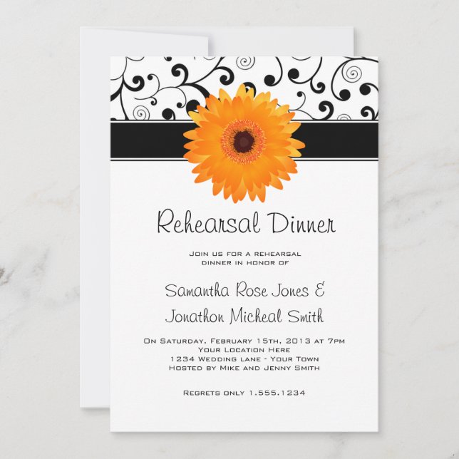 Probe Dinner Orange Gerbera Daisy Black Scroll Einladung (Vorderseite)