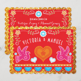 Probe-Dinner Papel Picado Gold Glitzer Einladung