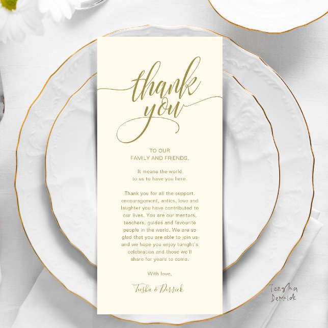Probe Dinner Place Einstellung Danke Karte (Modern Script Wedding Guest Dinner Reception Brunch Lunch Thank You Card in Yellow Gold)