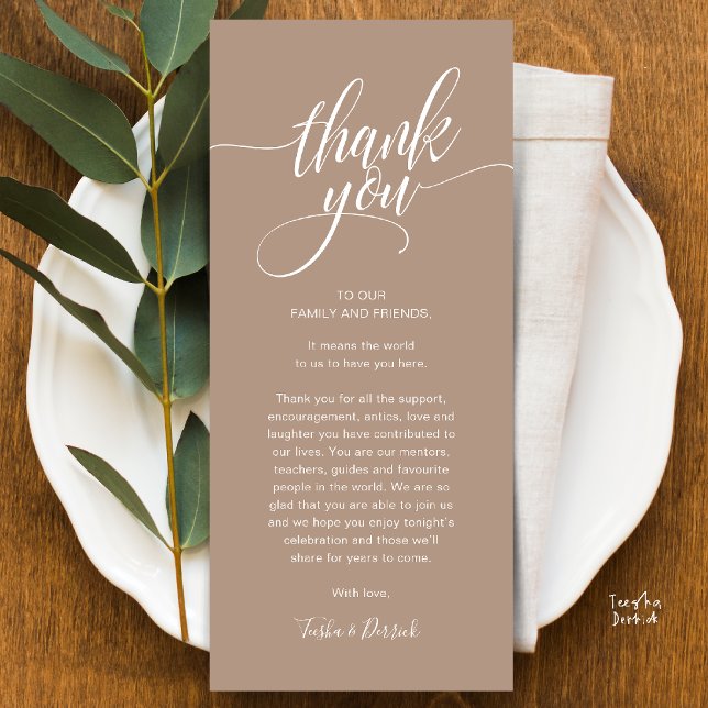 Probe Dinner Place Einstellung Danke Karte (Modern Script Wedding Guest Dinner Reception Brunch Lunch Thank You Card in Warm Chic Taupe Brown)