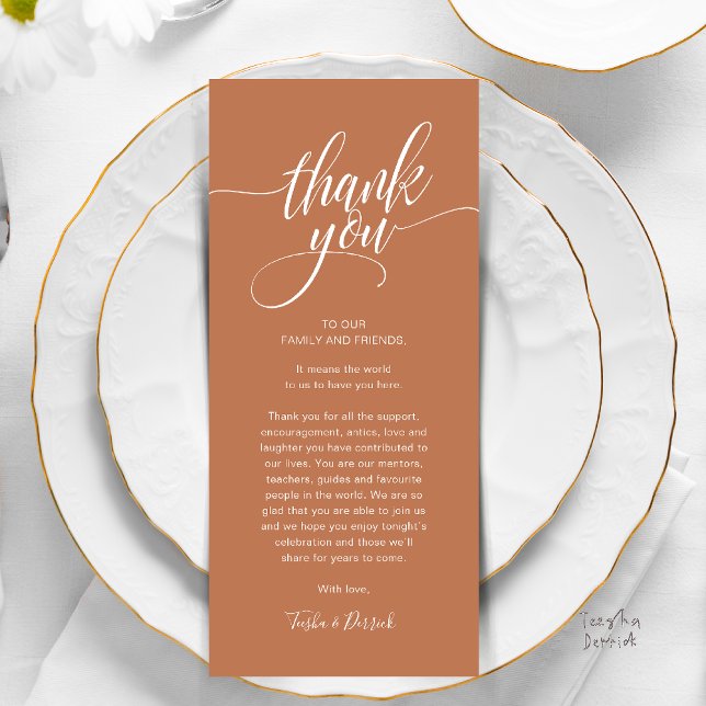 Probe Dinner Place Einstellung Danke Karte (Modern Script Wedding Guest Dinner Reception Brunch Lunch Thank You Card in Copper Brown Terracotta)