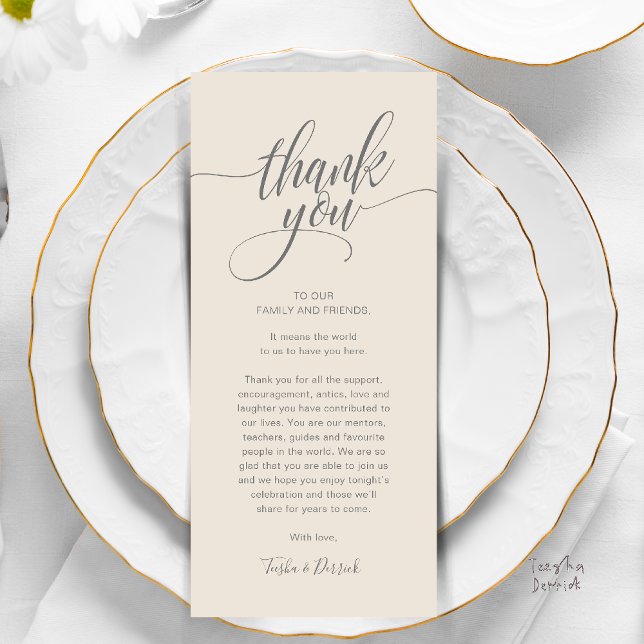 Probe Dinner Place Einstellung Danke Karte (Modern Script Wedding Guest Dinner Reception Brunch Lunch Thank You Card in Classy Warm Cream Grey)