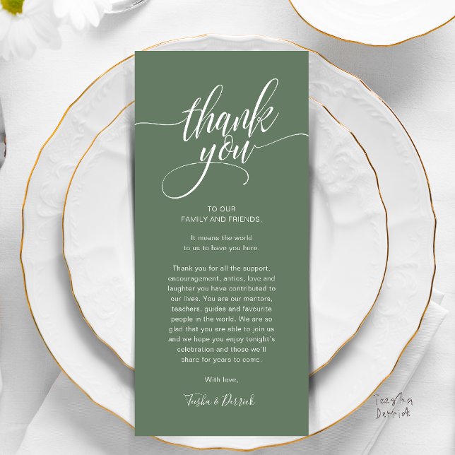 Probe Dinner Place Einstellung Danke Karte (Modern Script Wedding Guest Dinner Reception Brunch Lunch Thank You Card in Forest Sage Green)
