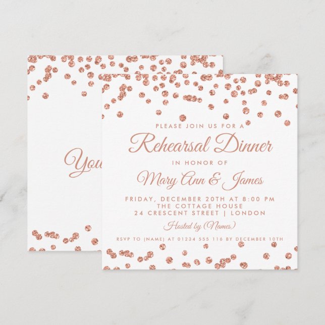 Probe Dinner Rose Gold Glitzer Confetti Einladung (Vorne/Hinten)