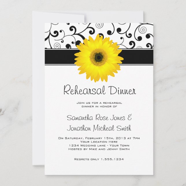 Probe Dinner Yellow Gerbera Daisy Black Scroll Einladung (Vorderseite)