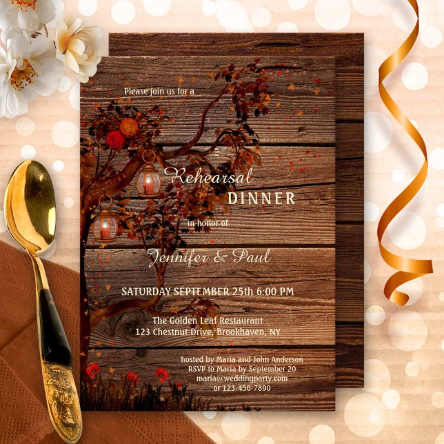 Probe Herbst Lights - Einladung (Rehearsal Dinner invitation featuring an autumn tree with colorful leaves, roses and festive lantern)