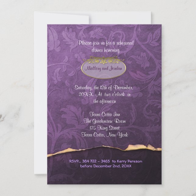 Probe Plum and Gold Damask Einladung (Vorderseite)