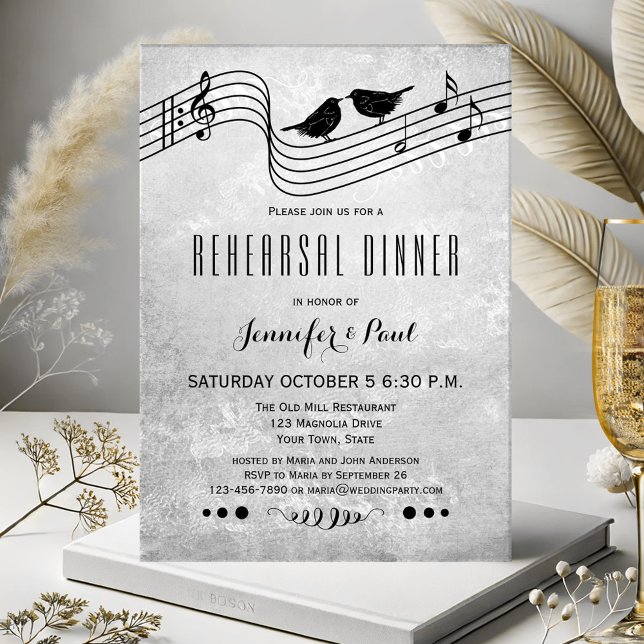 Probe Schwarz-Weiß-Musik - Einladung (Rehearsal Dinner invitation featuring two love birds singing on wires with musical notes)