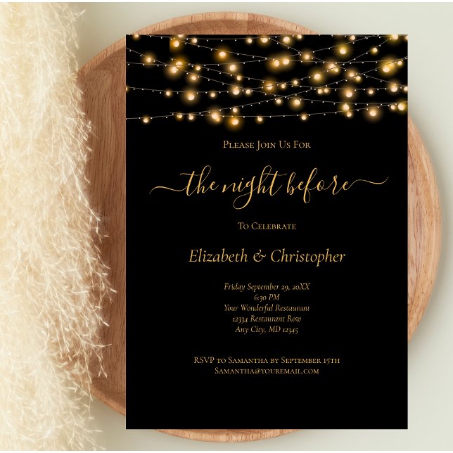 Probe vor Black Gold Lights Einladung (Black Gold Lights Wedding Rehearsal Dinner Invitation. Printed or Digital)