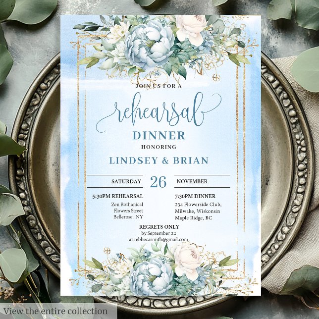 Probe Watercolor Blau und Weiße Pfirsiche laden ei Einladung (Watercolor Blue and White Peony Rehearsal Invite)