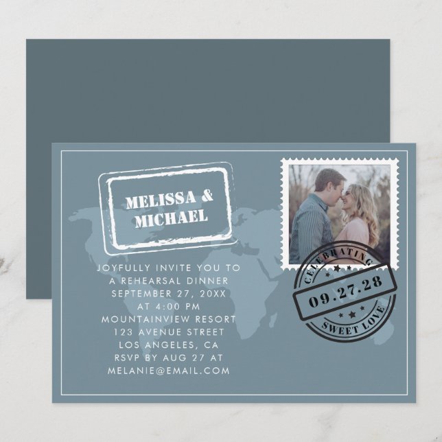 Probe zum Weltkarte-Hochzeit in Urlaubsort Einladung (Vorne/Hinten)