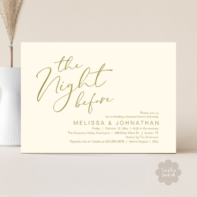 Probedinner am Abend vor der Hochzeit  Einladung (The Night Before Romantic Modern Wedding Rehearsal Dinner Aesthetic Invites PDF Classy Yellow Gold)
