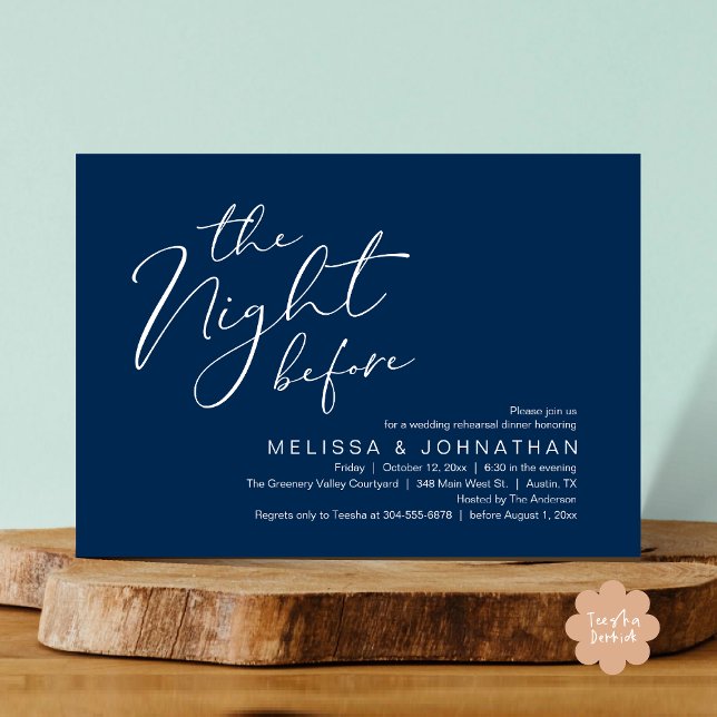 Probedinner am Abend vor der Hochzeit  Einladung (The Night Before Romantic Modern Wedding Rehearsal Dinner Aesthetic Invites PDF Classy Navy Blue)