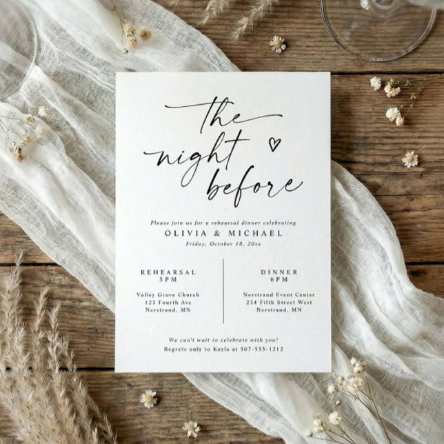 Probedinner Moderne Schwarz-Weiß-Handschrift Einladung (Modern black and white rehearsal dinner invitation with handwritten script heart)