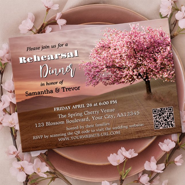 Probedinner Schokolade Kirschblüte Einladung (Rehearsal Dinner invitation with a painting of a chocolate landscape with a blossoming cherry tree)