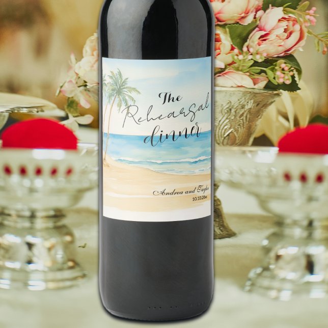 Probedinner Strand und Palmen Hochzeit Weinetikett (Von Creator hochgeladen)