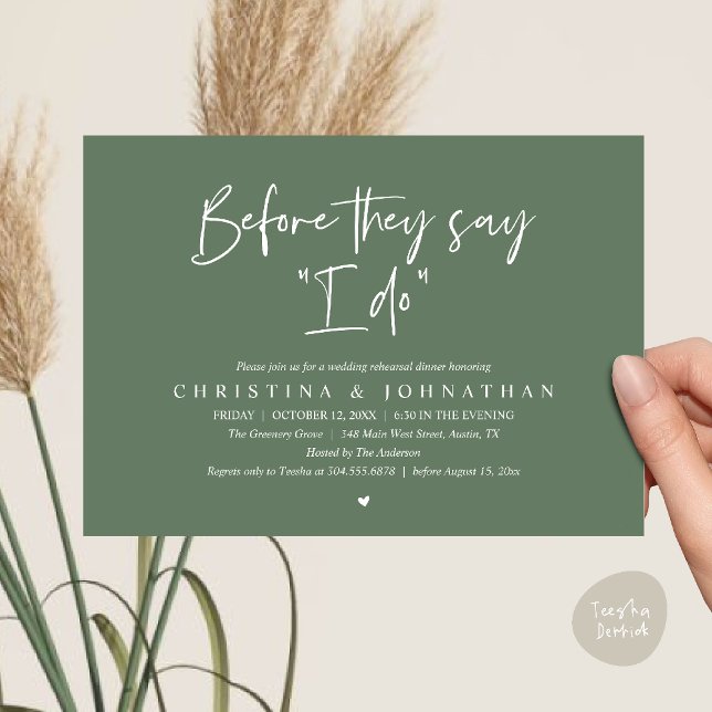 Probedinner vor der Hochzeit, bevor sie "Ich will" Einladung (Wedding Rehearsal Dinner, Before They Say "I Do" Invitation Card in Sage Green)