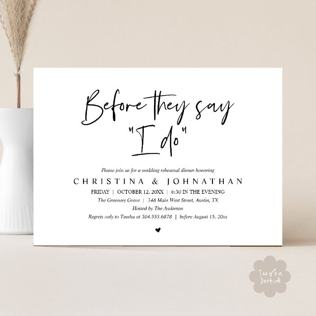 Probedinner vor der Hochzeit, bevor sie "Ich will" Einladung (Wedding Rehearsal Dinner, Before They Say "I Do" Invitation Card in Black and White)