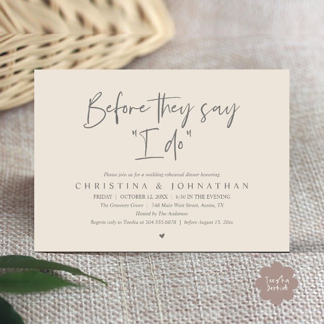 Probedinner vor der Hochzeit, bevor sie "Ja, ich w Einladung (Wedding Rehearsal Dinner, Before They Say "I Do" Invitation Card in Cream Grey)