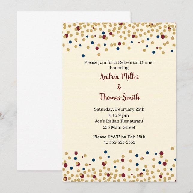 Proben-Abendessen-Einladungconfetti-Goldblaues Rot Einladung (Vorne/Hinten)
