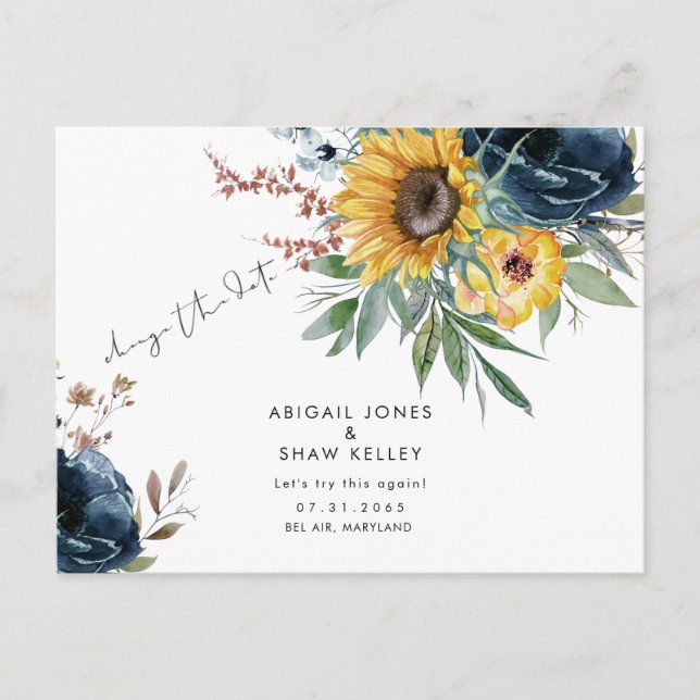 Probieren wir das Datum der Sonnenblumen-Veränderu Ankündigungspostkarte (Vorderseite)