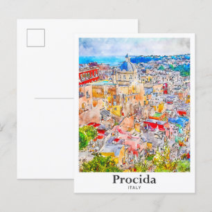 Procida Italien Reise Wasserfarben Skizze Handgeze Postkarte