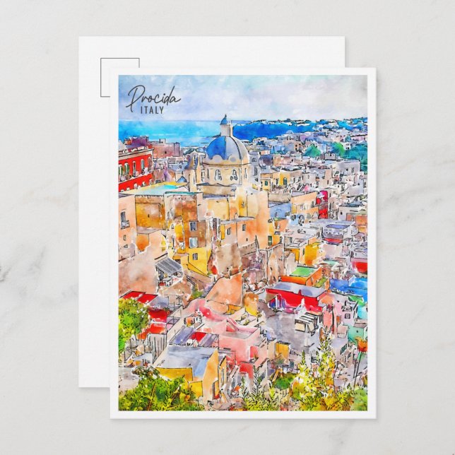 Procida Italien Vintage Reise Aquarell Postkarte (Vorne/Hinten)