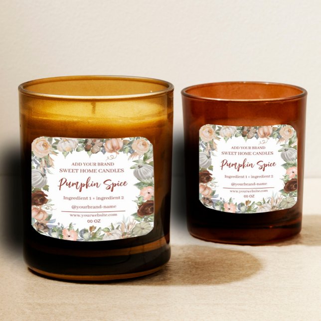 Produktkennzeichnung von Floral Pumpkin Quadratischer Aufkleber (#zazzlemade #fall #pumpkinlabel #pumpkinautumn)