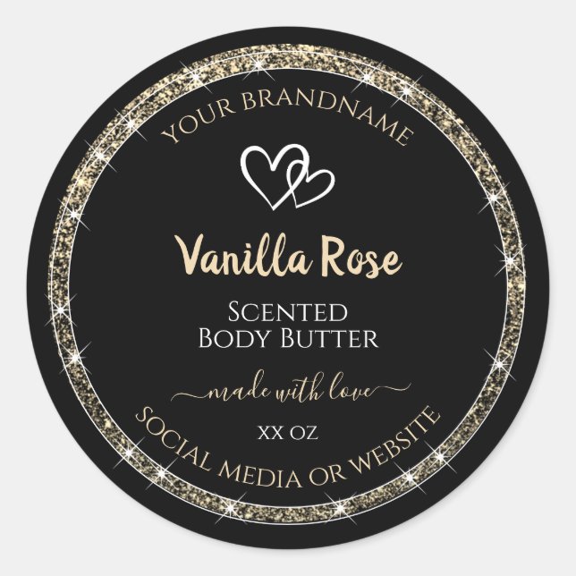 Produktkennzeichnungen für Glitzer an der Schwarze Runder Aufkleber (Vorderseite)