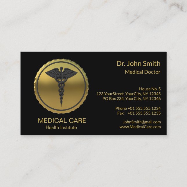 Professional 3D Gold Caduceus Emblem Medical Visitenkarte (Vorderseite)