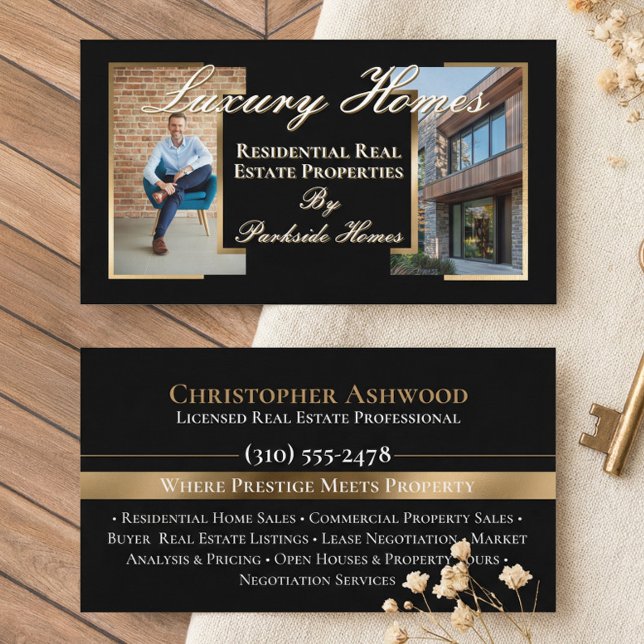 Professional Black Gold Real Estate Agent Photo  Visitenkarte (Professional Black Gold Real Estate Agent Photo Business Card)