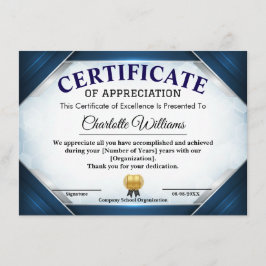 Professional Blue Appreciation Certificate Begleitkarte