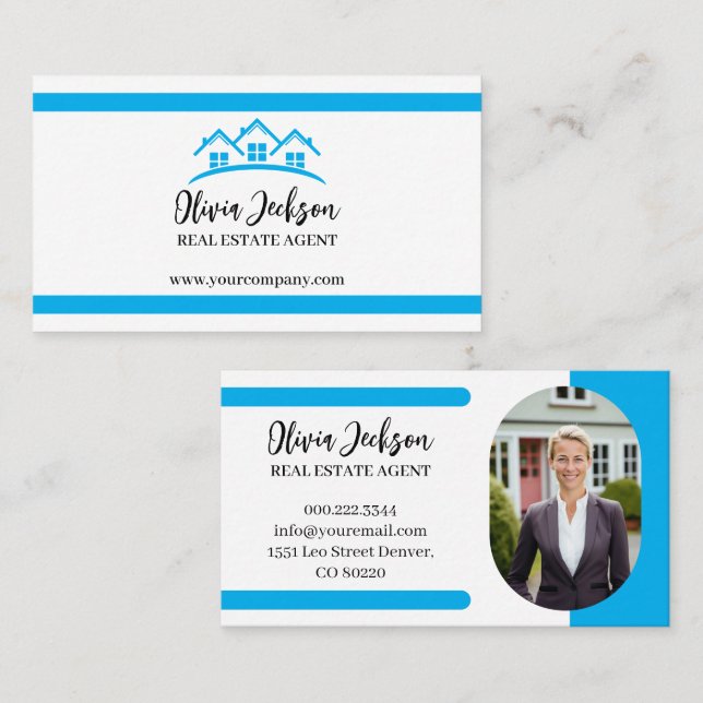 Professional Blue Real Estate Agent Photo Visitenkarte (Vorne/Hinten)