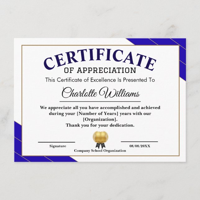 Professional Certificate of Appreciation Award Begleitkarte (Vorderseite)