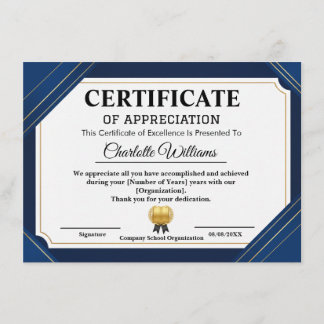 Professional Certificate of Appreciation Blue Gold Begleitkarte