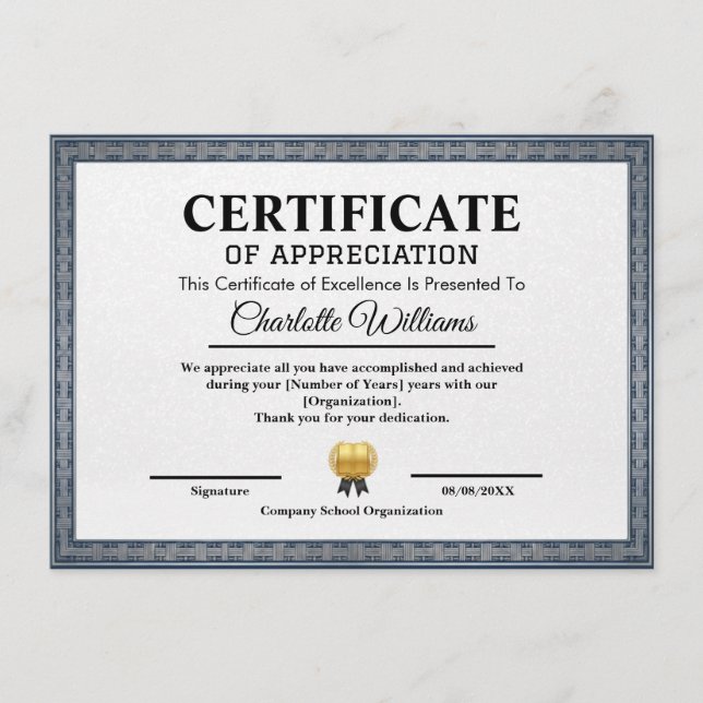 Professional Certificate of Appreciation Template Begleitkarte (Vorderseite)