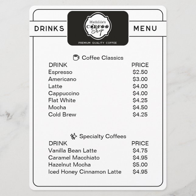 Professional Coffee Shop Personalized Drinks Menu Menükarte (Vorderseite)
