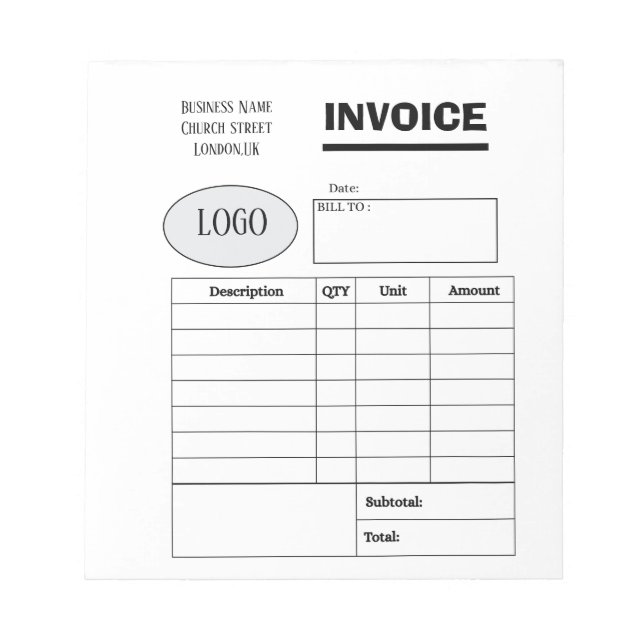Professional custom business invoice notizblock (Vorderseite)
