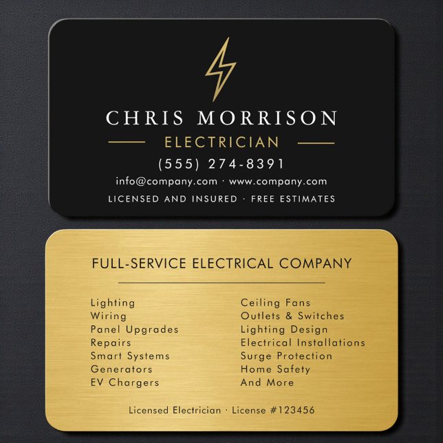 Professional Electrician Contractor Black & Gold Visitenkarte (Von Creator hochgeladen)