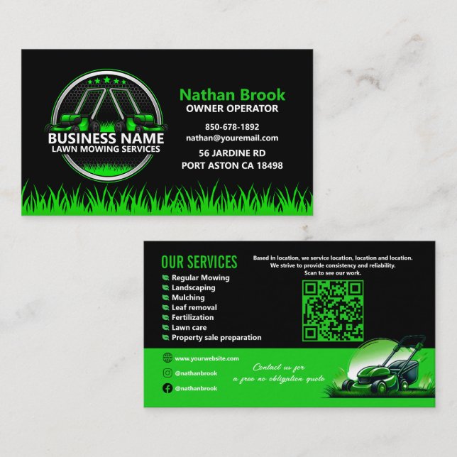 Professional Lawn Care Landscaping Green Black QR Visitenkarte (Vorne/Hinten)