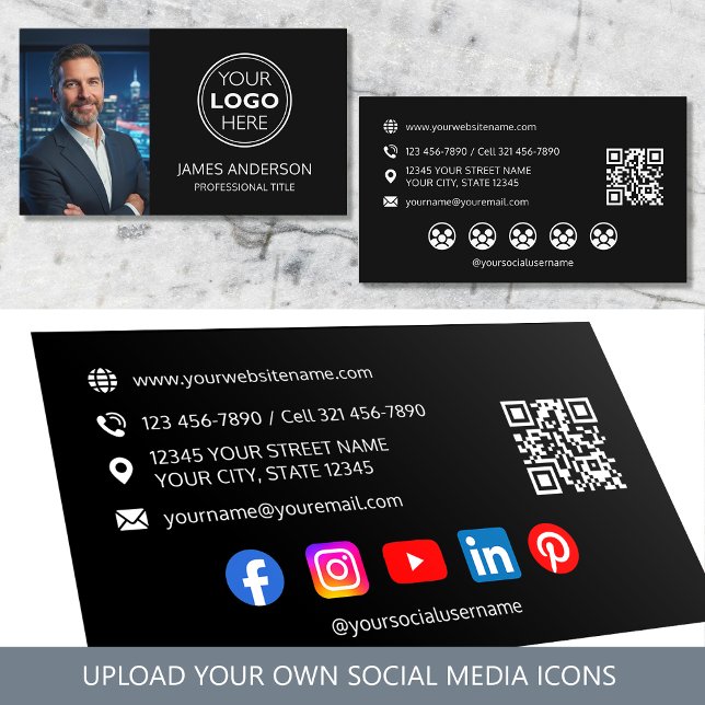 Professional Logo Photo Social Media QR Code Black Visitenkarte (Von Creator hochgeladen)