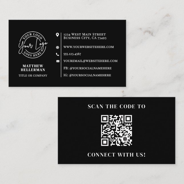 Professional Minimalist QR Code Logo Black Visitenkarte (Vorne/Hinten)