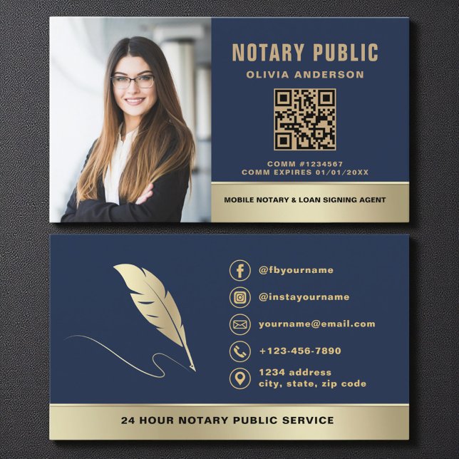 Professional Notary Public Navy Blue Gold Photo Visitenkarte (Von Creator hochgeladen)