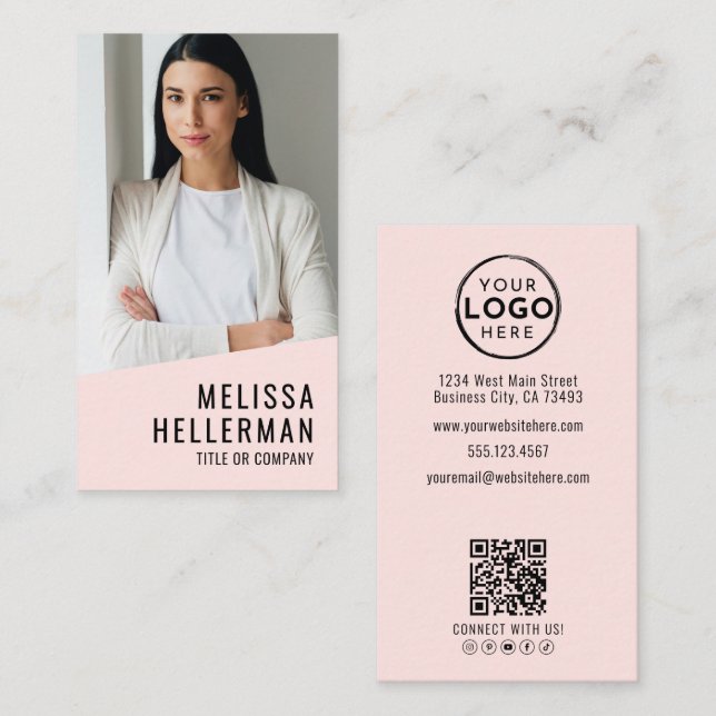 Professional Photo QR Code Logo Blush Pink Visitenkarte (Vorne/Hinten)